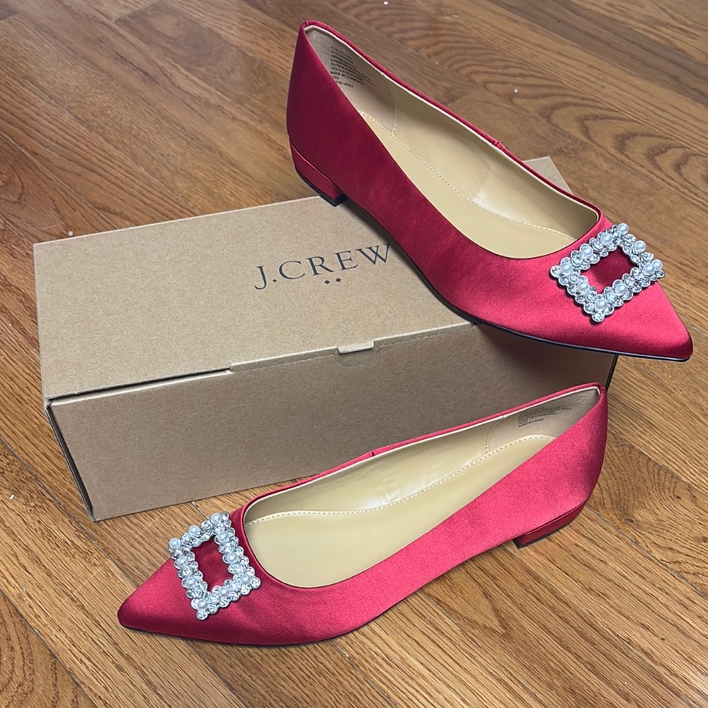 J. Crew Women's Red Satin Flats with Embellished Buckle